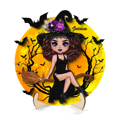 Halloween Witch Sitting On Broom Personalized 2-Layer Wooden Plaque, Halloween Decoration