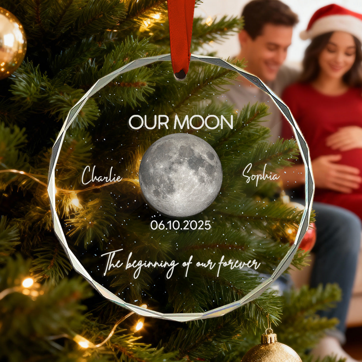 Moon Phase Couple The Beginning Of Our Forever - Personalized Glass Ornament - Gift For Couple