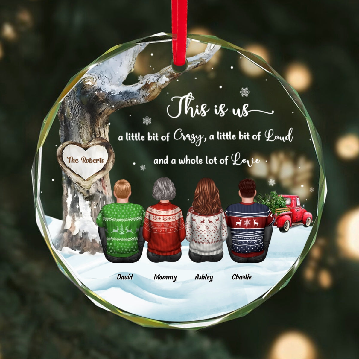 Family Sitting Back View Under Tree Red Truck Winter Personalized Glass Ornament