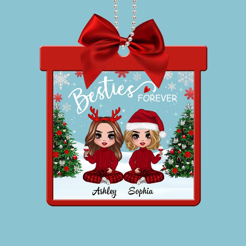 Doll Besties Sisters Sitting In Gift Shape Personalized Acrylic Ornament
