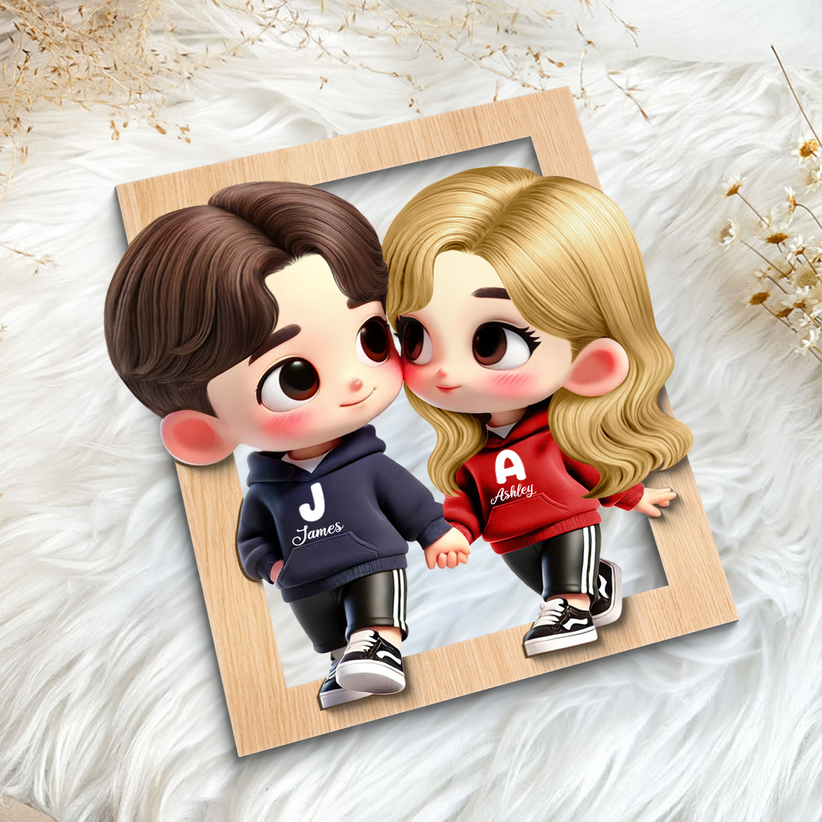 3D Effect Cute Cartoon Couple Holding Hands Personalized 2-Layered Wooden Plaque, Anniversary &  Gift for him, Gift for her