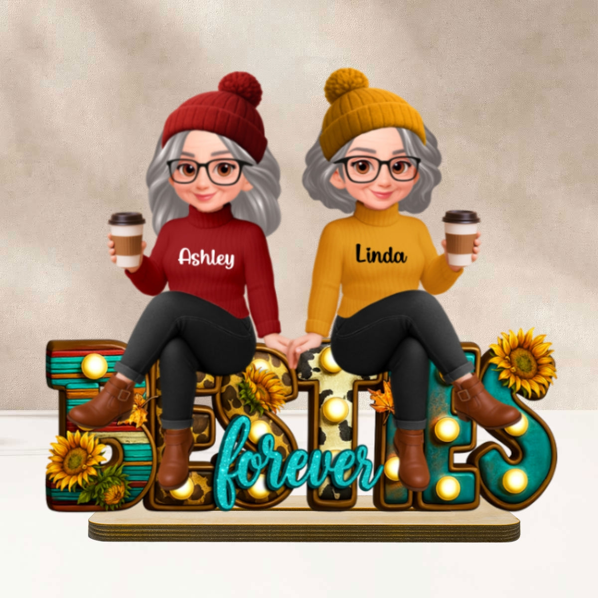 Western Fall Vibe Besties Sitting Personalized Standing Wooden Plaque, Fall Gift for Best Friends