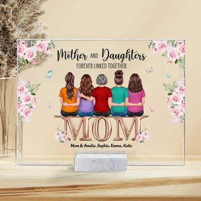 Floral Back View Mom And Daughters Sitting On Words Personalized Personalized Acrylic Plaque