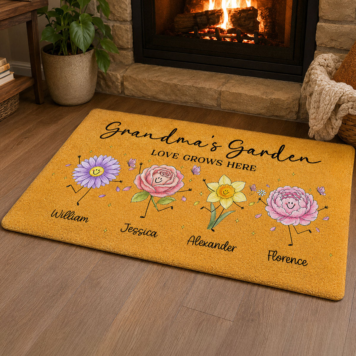 Grandma's Garden Cute Doodle Birth Month Flowers - Personalized Doormat - Home Decor Gift, Birthday Gift For Grandma