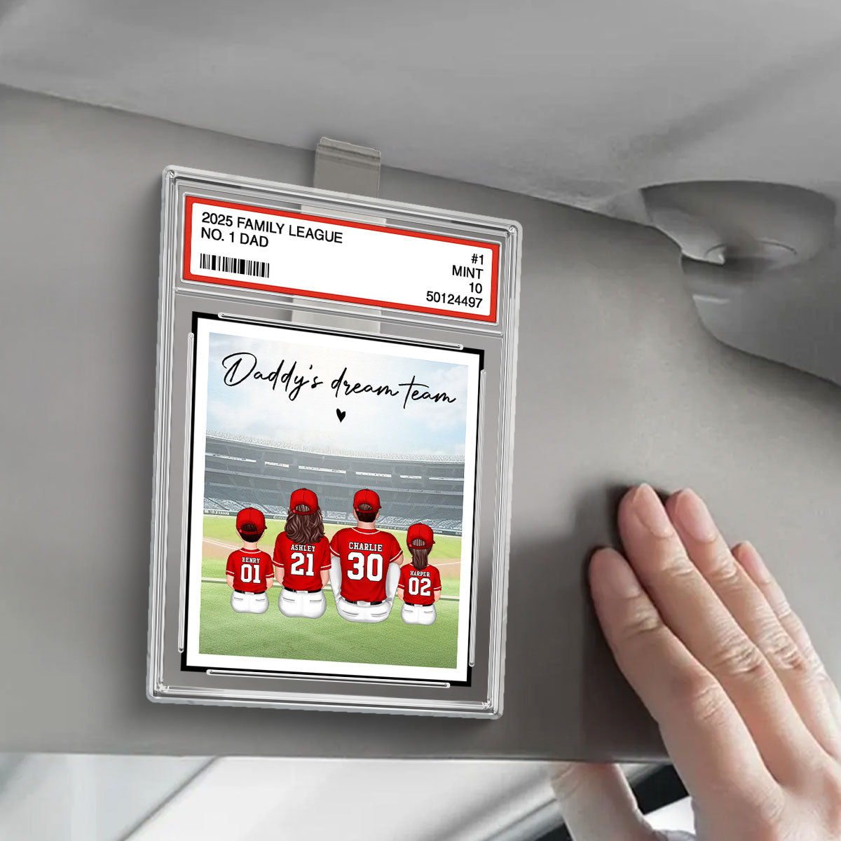 Baseball No. 1 Dad Man & Kids Sitting Trading Card Style Personalized Acrylic Car Visor Clip