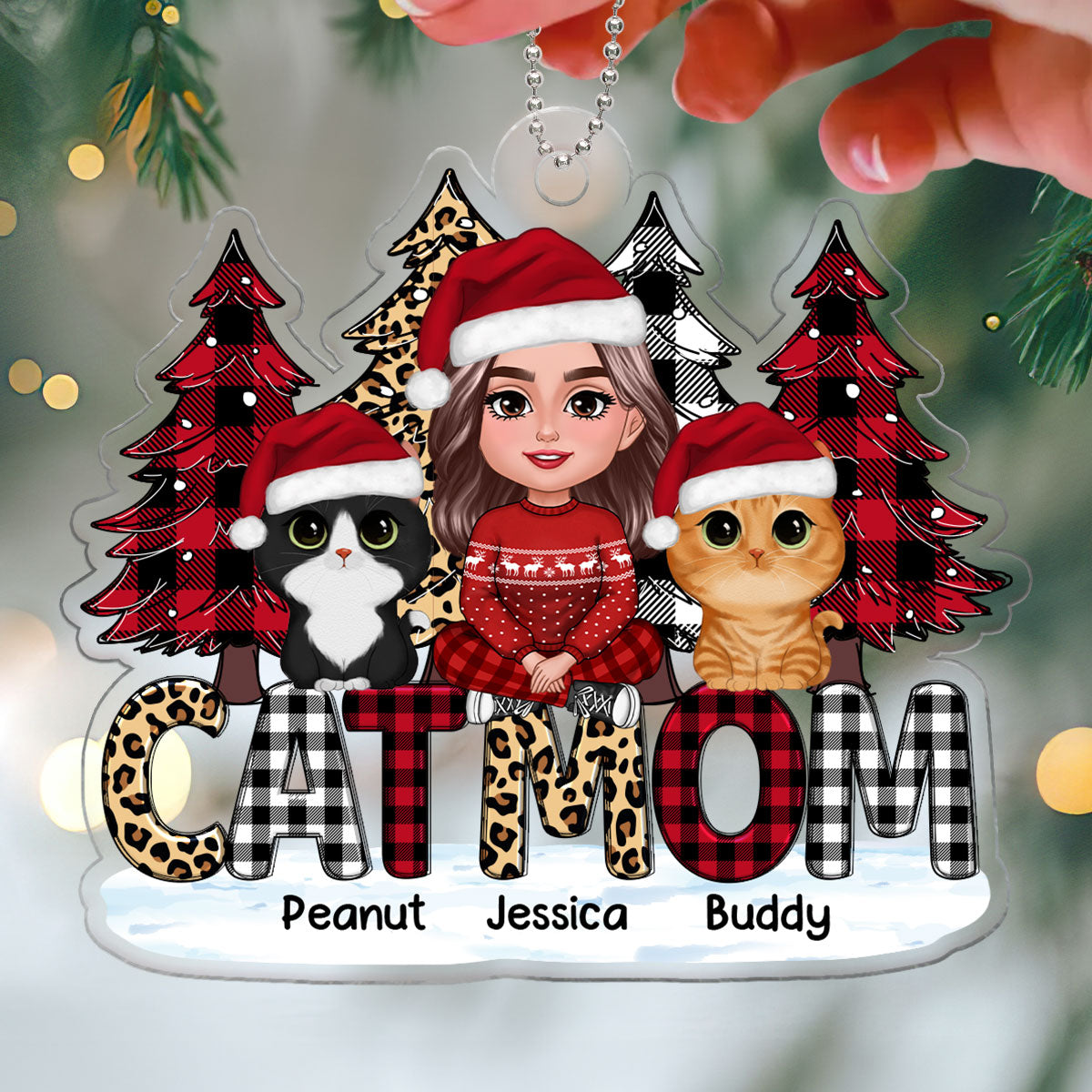 Checkered Leopard Christmas Tree Cat Mom Sitting Personalized Acrylic Ornament