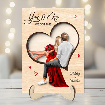Couple Sitting On Heart Engraved Personalized 2-Layer Wooden Plaque,  gift, Anniversary Gift for Couples