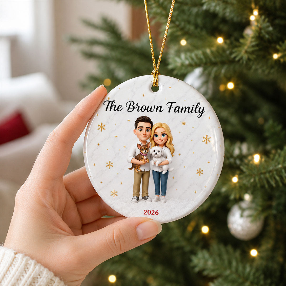 Cartoon Family Portrait From Photo 2D Flat - Personalized Ceramic Ornament - Christmas Keepsake