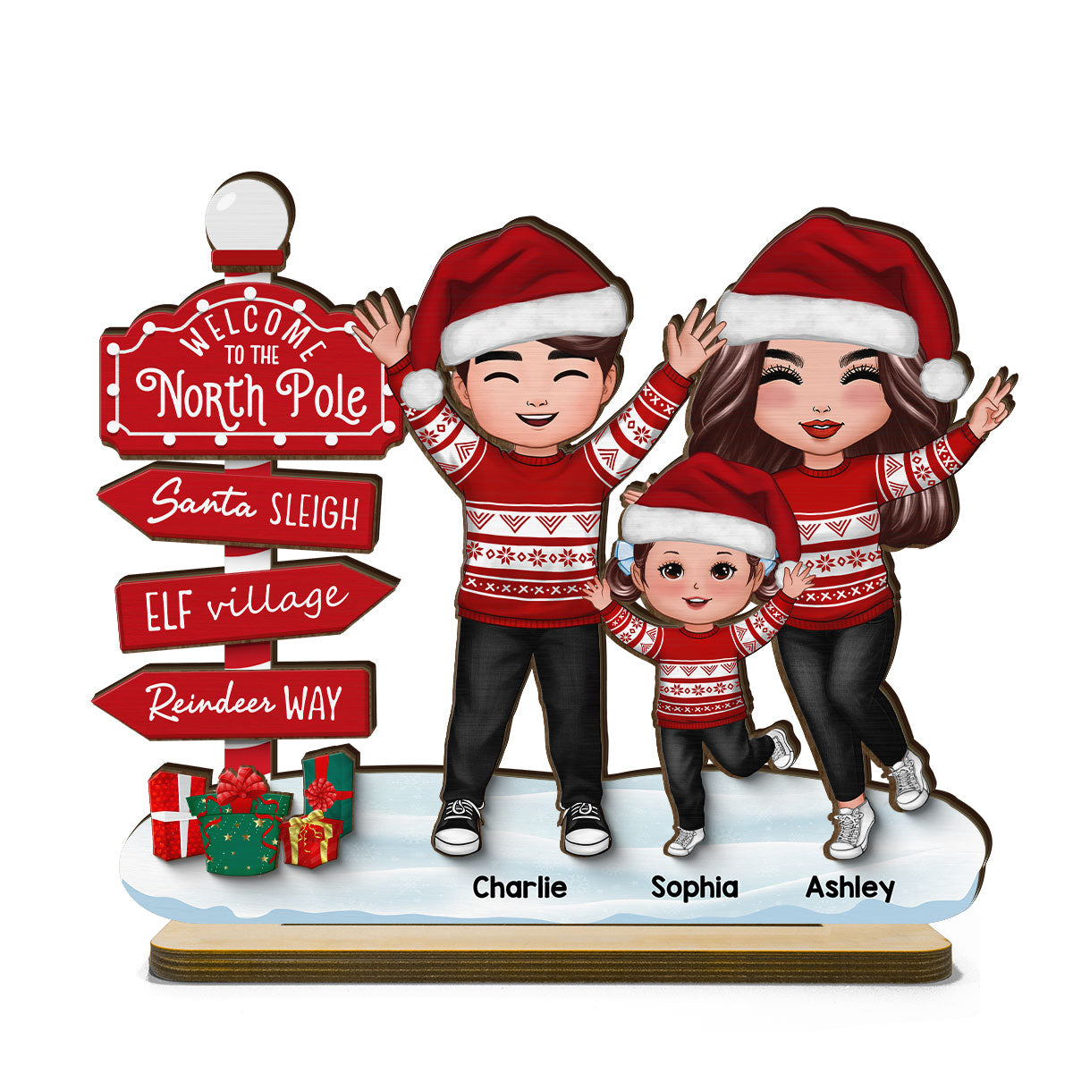 Happy Family With Christmas North Pole Sign Personalized 2-Layer Standing Wooden Plaque, Christmas Decoration