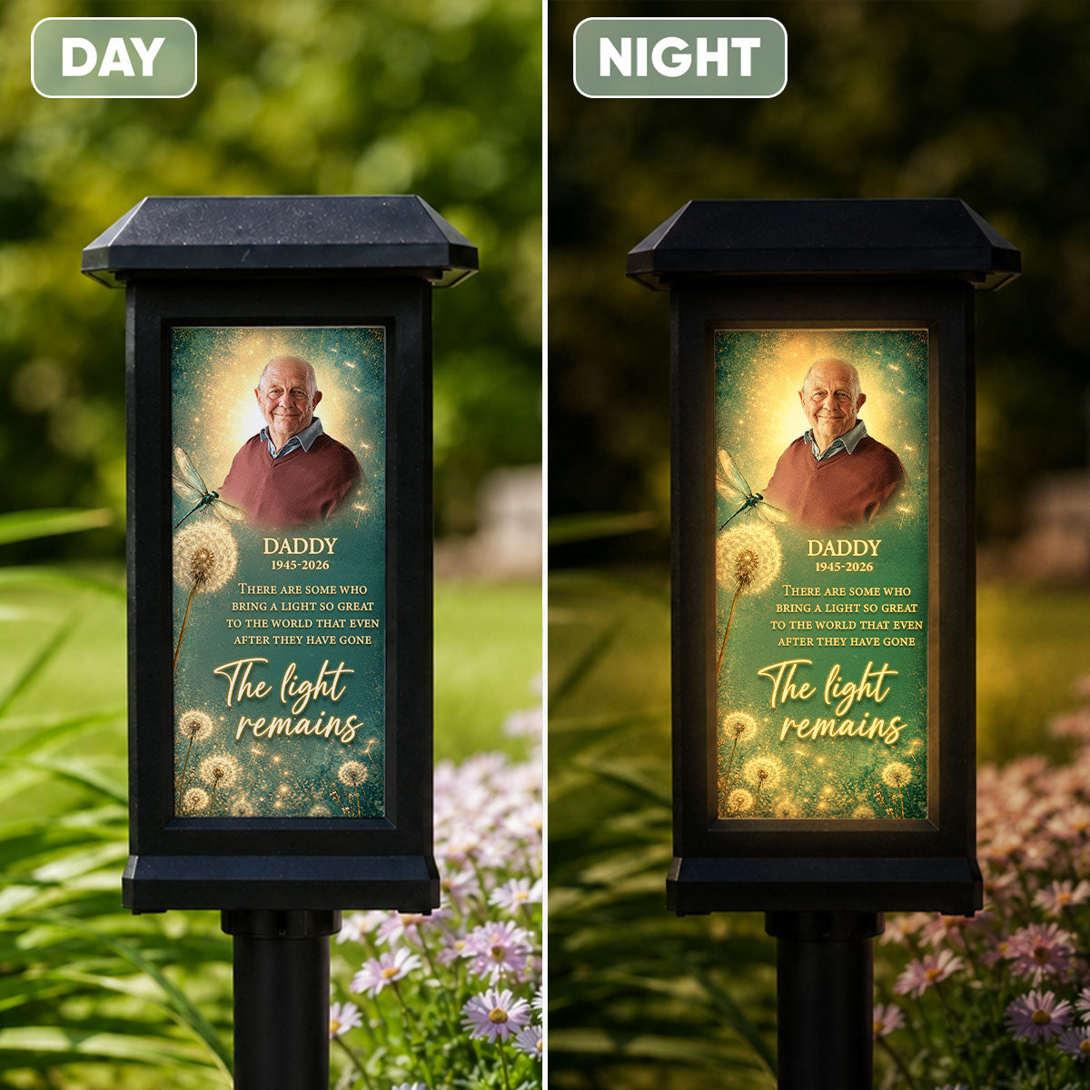 The Light Remains Memorial Dragonfly Dandelion - Personalized Solar Lantern Light - Heartfelt Sympathy Gift for Loved Ones