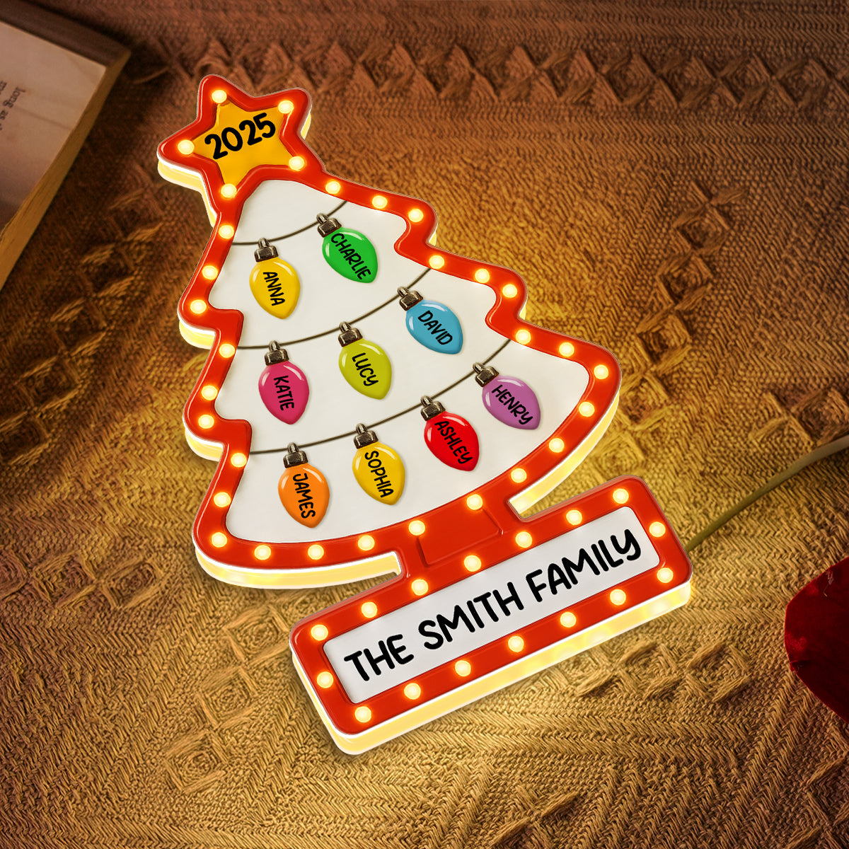 3D Effect Christmas Tree Lights Marquee Texture Family Members Names Personalized LED Light Box