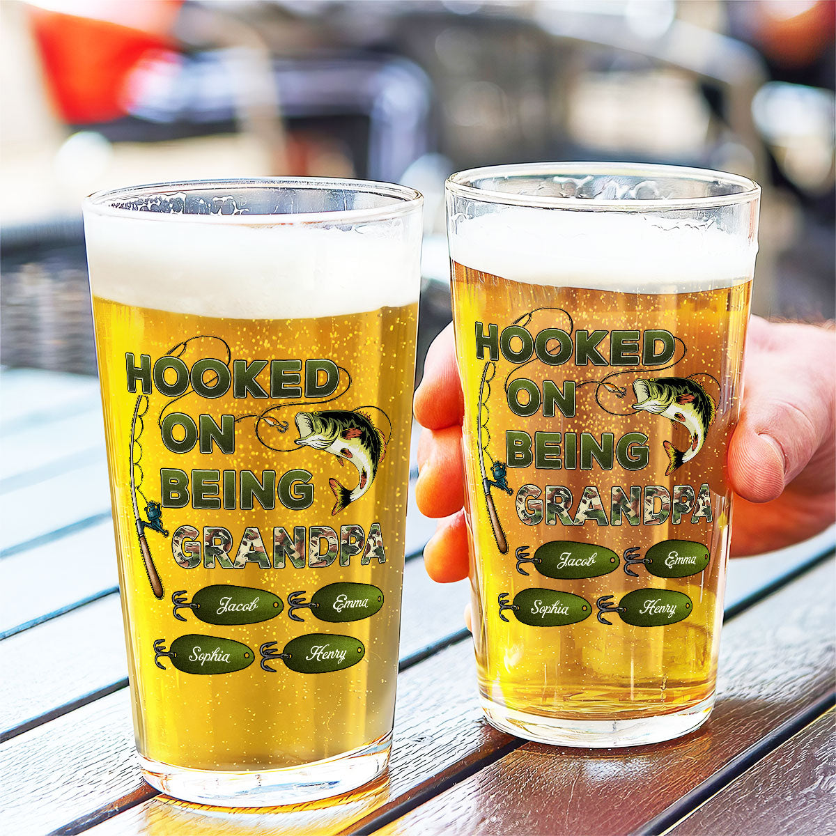 Hook On Being Grandpa Fishing Camouflage Personalized Beer Glass