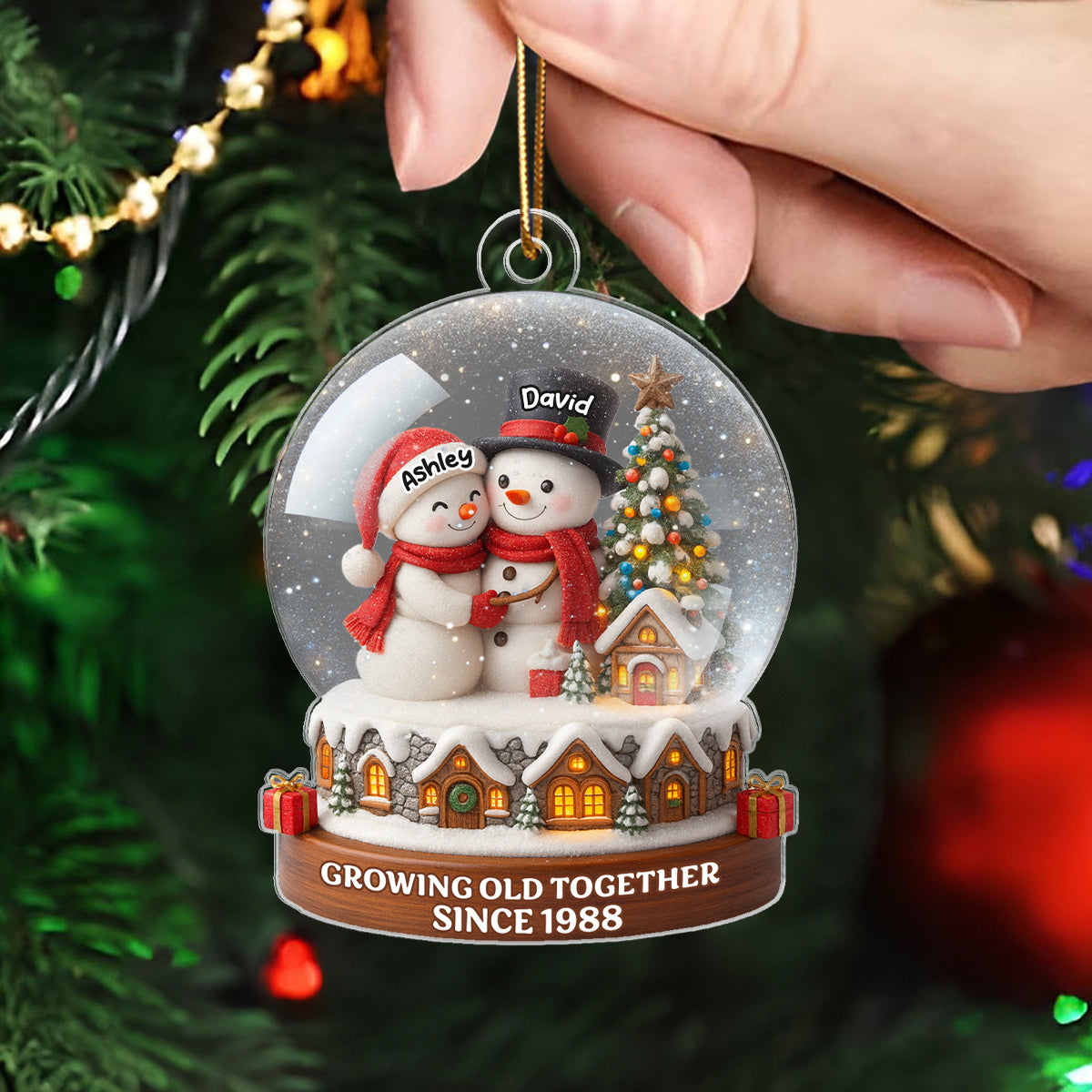 Snow Globe Snowman Couple Growing Old Together Personalized Acrylic Ornament, 3D Effect, Christmas Gift for him, Gift for her