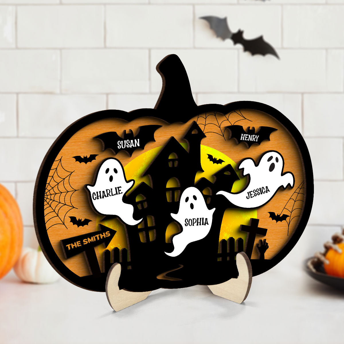 Halloween Boo Family Pumpkin Shaped Personalized 2 Layer Wooden Plaque