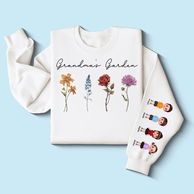 Grandma's Garden Kids On Sleeve, Custom Birthflower Sweatshirt, Gift for Grandma, Love Grows Here, Mom's Garden, Gift, Personalized Sleeve Printed Sweatshirt