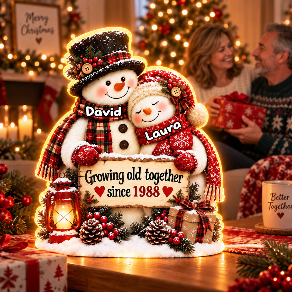 Snowman Couple Hugging Growing Old Together - Personalized Light Box - Heartfelt Christmas Gift for Her, for Him