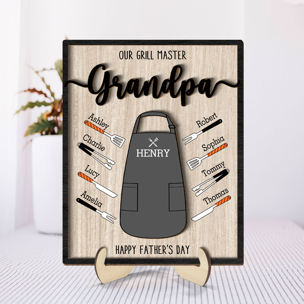Our Grill Master Apron And Tools With Kids' Names Personalized 2-Layer Wooden Plaque, Father's Day Gift For Husband, For Dad, For Grandpa