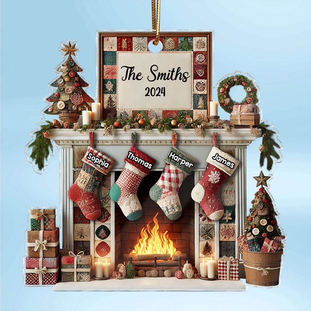 3D Effect Quilting Patchwork Fabric Patterns Fireplace Family Names Christmas Personalized Acrylic Ornament