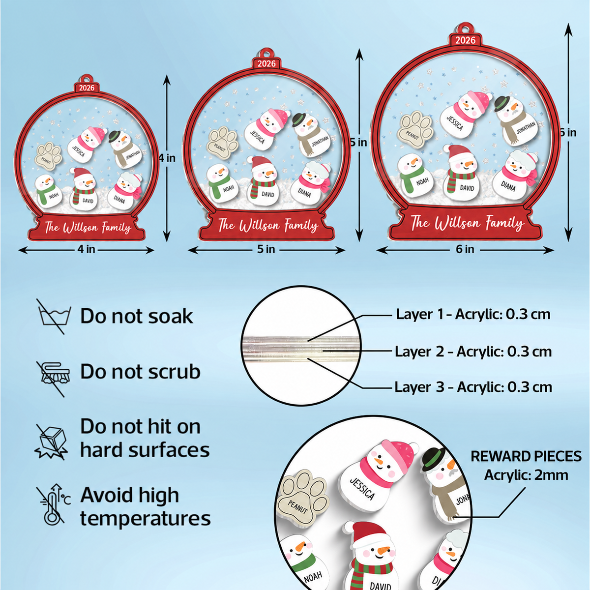 Personalized Snowman Family Christmas 4D Shaker Ornament 2026, Family Christmas Gift