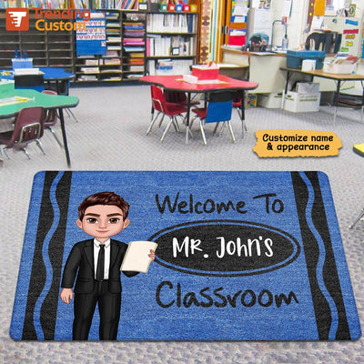 Male Female Teacher Crayon Pattern Welcome To Classroom Personalized Doormat| Back To School Gift, Classroom Decoration