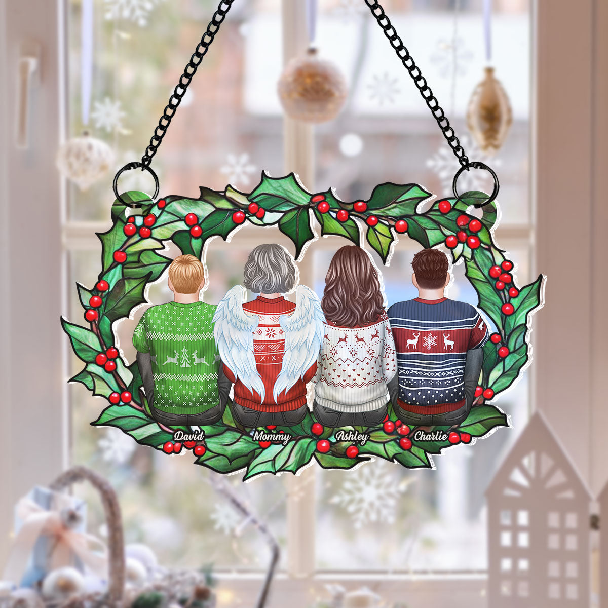 Family Sitting Back View Holly Branch Personalized Suncatcher, Heartfelt Memorial Gift For Your Loved One