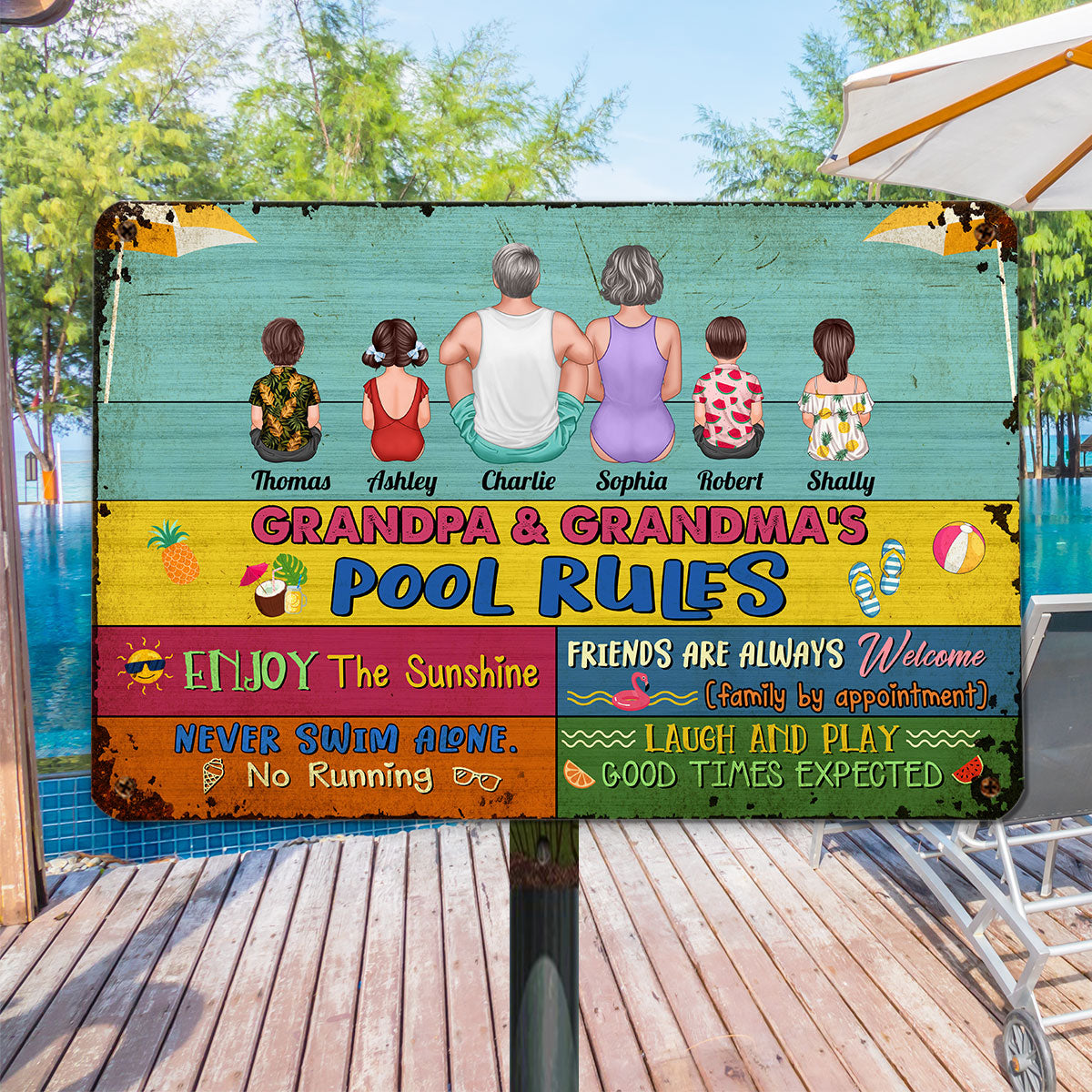 Grandparents Pool Rules Summer Palette Back View Sitting Man Woman Kids Personalized Metal Sign