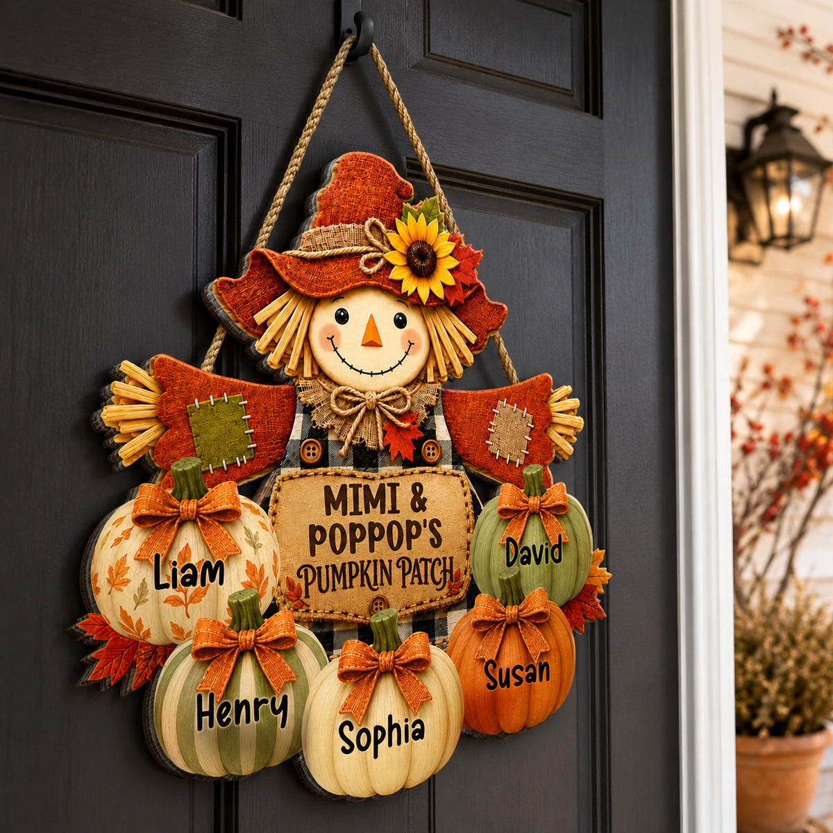 Grandma & Grandpa's Pumpkin Patch Scarecrow - Personalized Wooden Door Sign - Fall Front Porch Decor