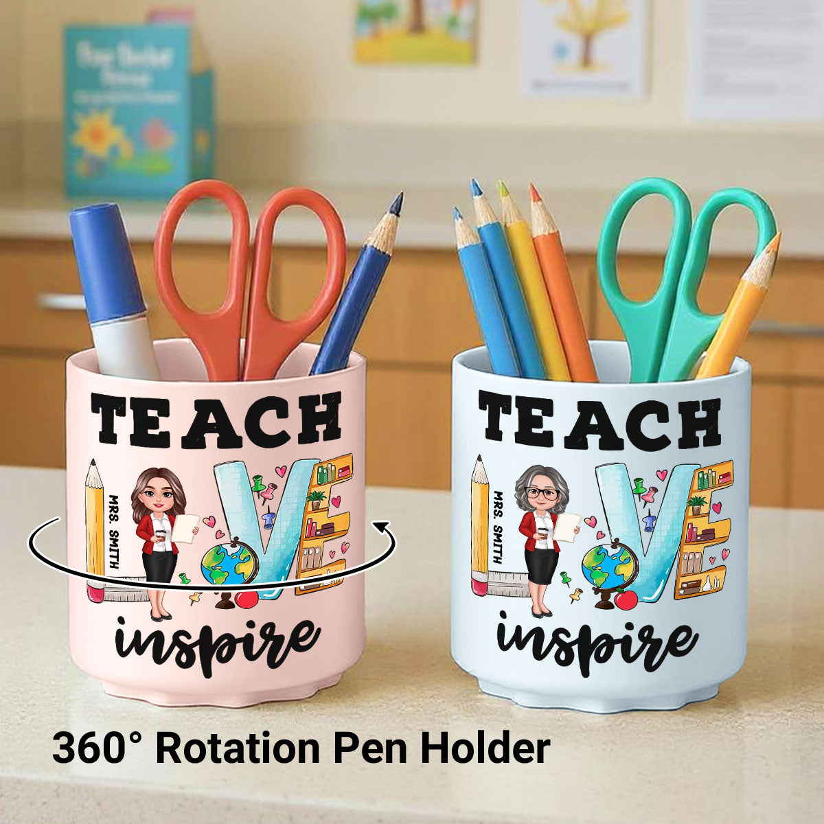Teach Love Inspire Doll Teacher Pattern Personalized Rotating Pen Holder, Back To School Gift, Teacher Appriciation Gift