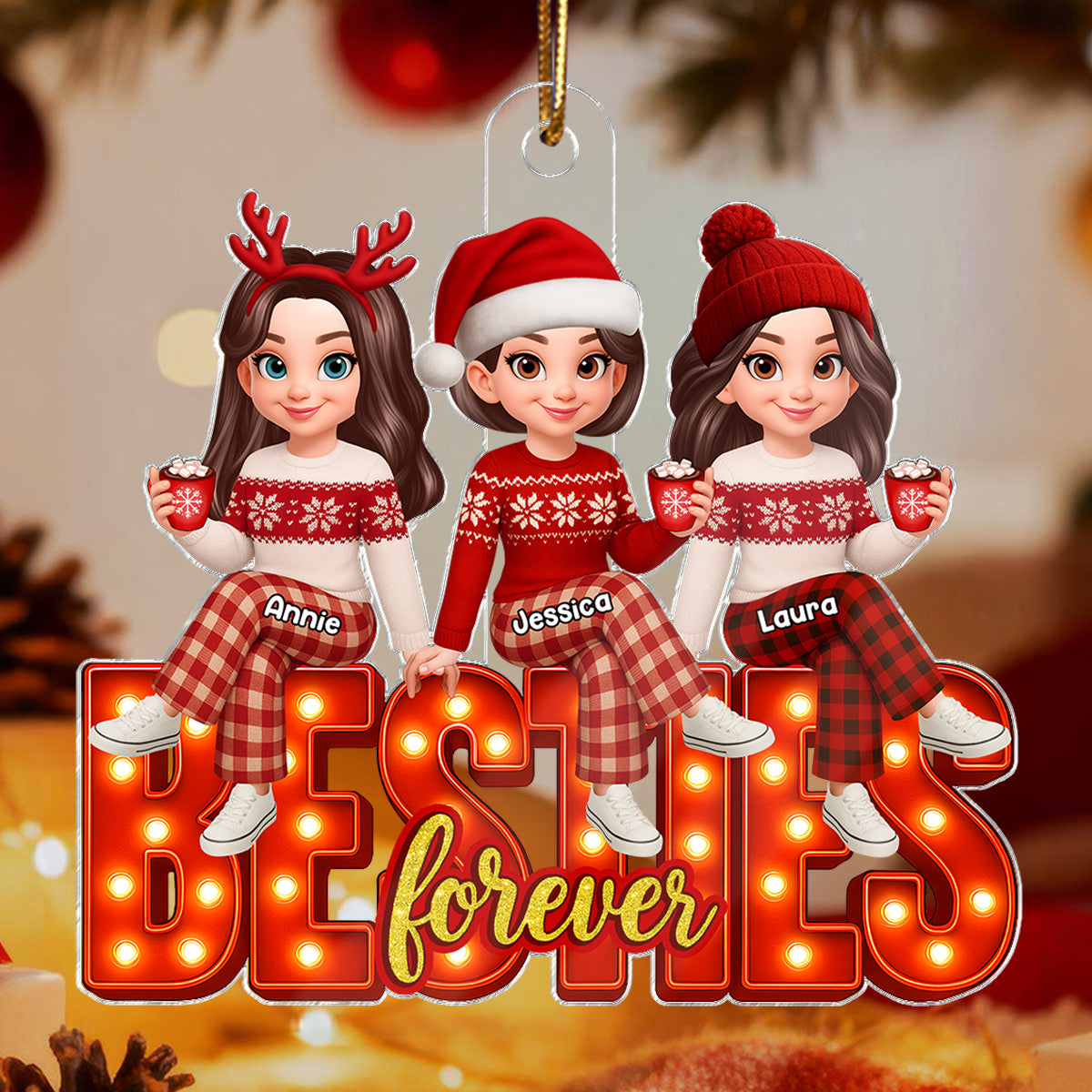 3D Effect Christmas Besties Forever Marquee Effect - Personalized Acrylic Ornament - Christmas Gift For Best Friends