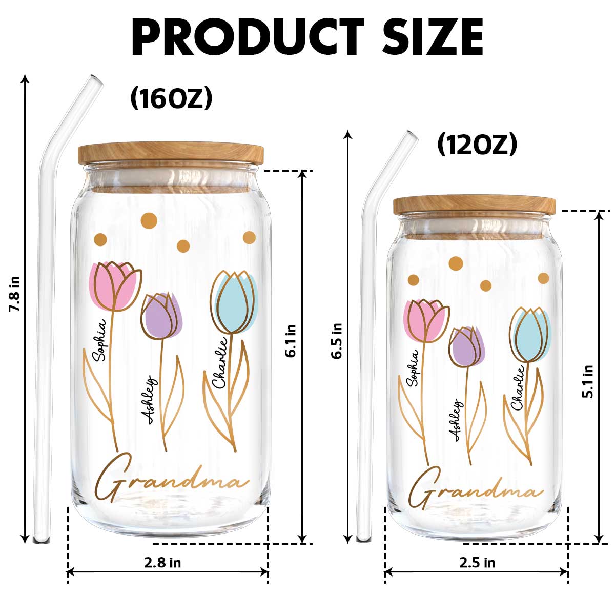 Grandma Mom Auntie Tulip Flowers Kids Names Personalized Clear Glass Can