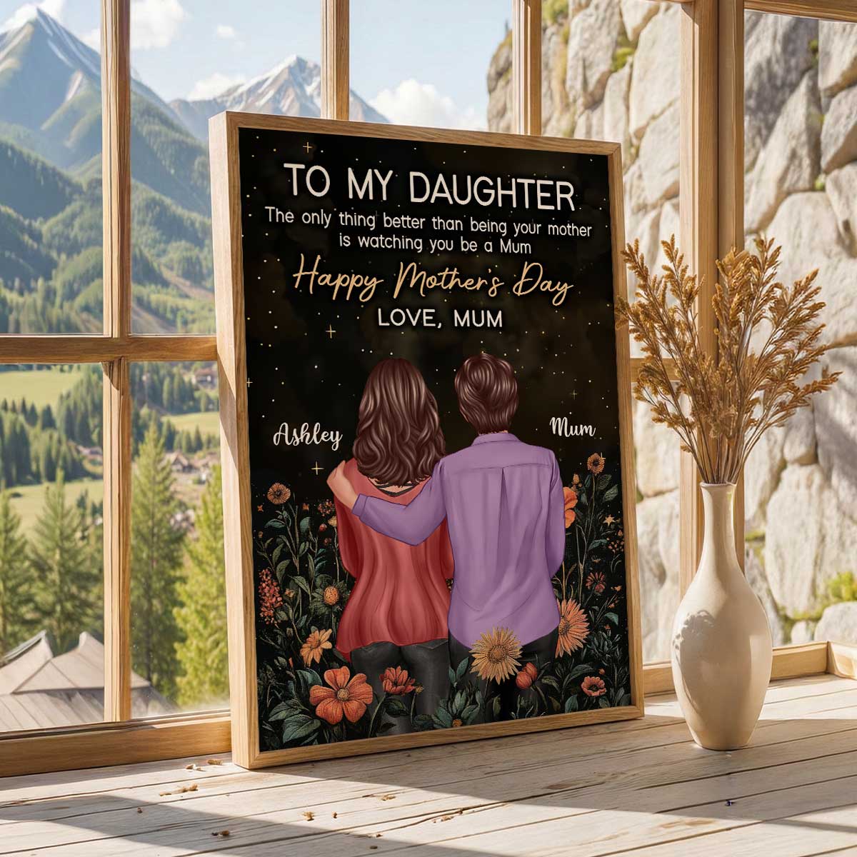 To My Daughter From Mum Happy Mother's Day Golden Vintage Floral - Personalised Poster - UK Mother's Day