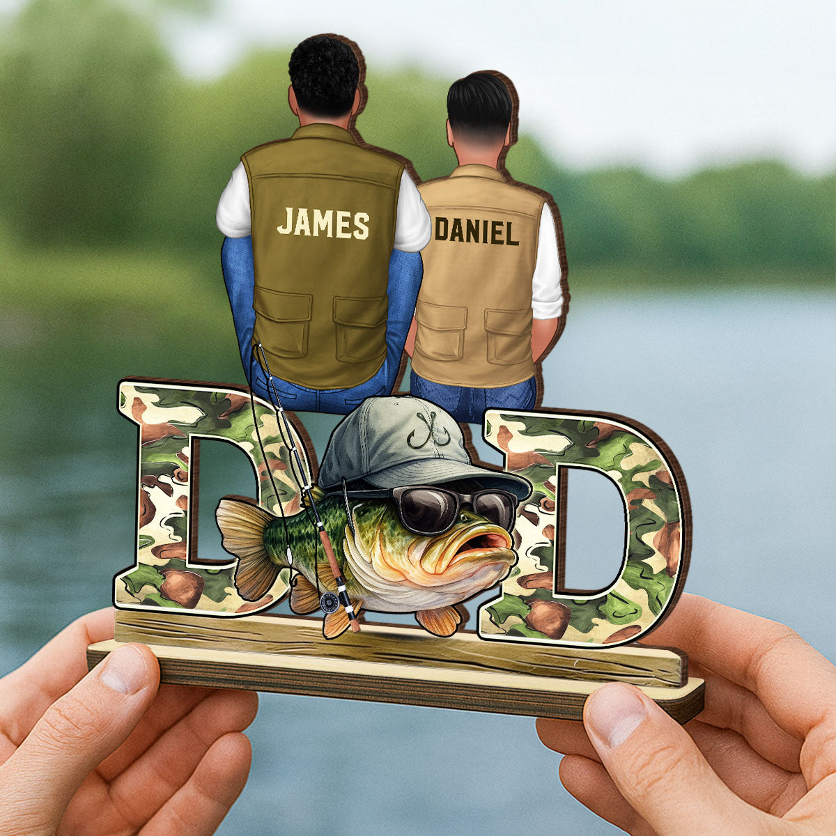 Fishing Dad And Kids Personalized 2-Layer Standing Wooden Plaque, Father’s Day gift for Dad, for Husband