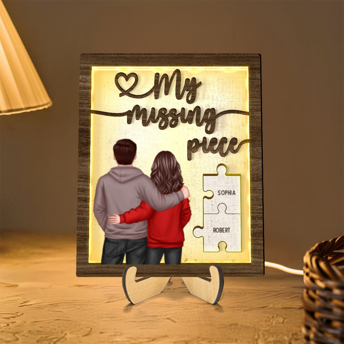 My Missing Piece Back View Couple Personalized 2-Layered Wooden Plaque with LED, Heartfelt Birthday, Anniversary Gift for him, for her