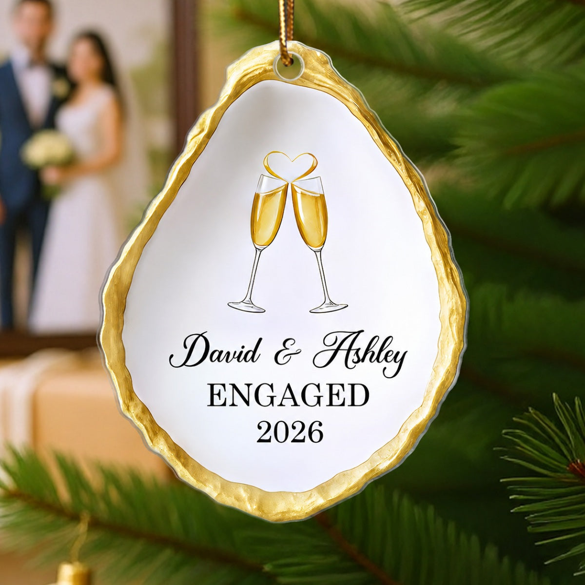 Oyster Shell Shaped Couple Engaged Personalized Flat Acrylic Ornament, Gift For Newly Engaged Couple
