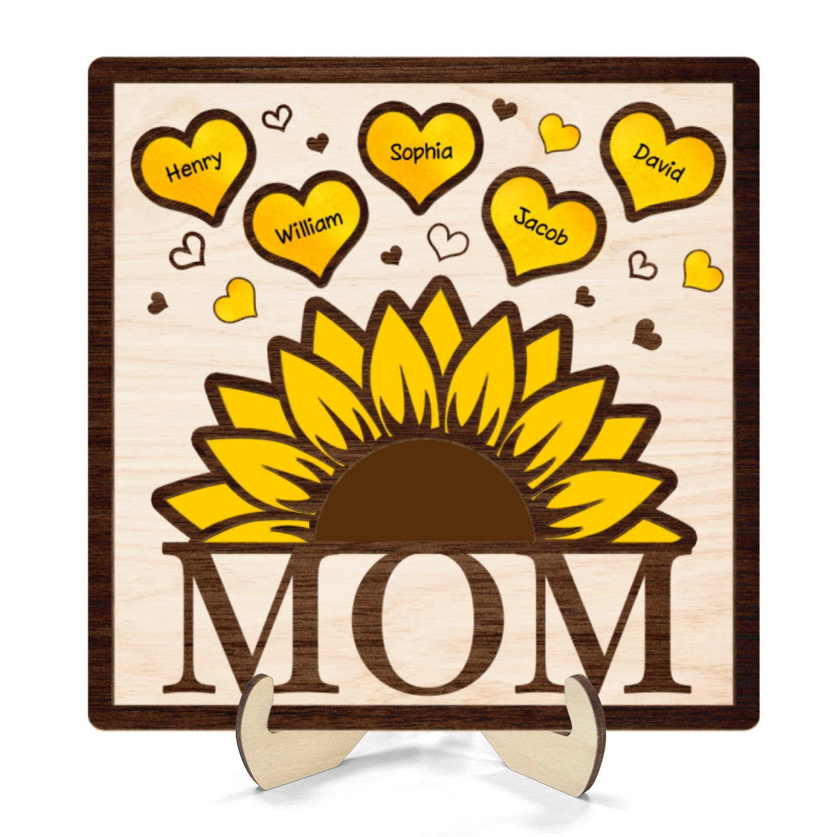 Grandma Mom Sunflower Hearts With Kids Names Personalized 2-layer Wooden Plaque