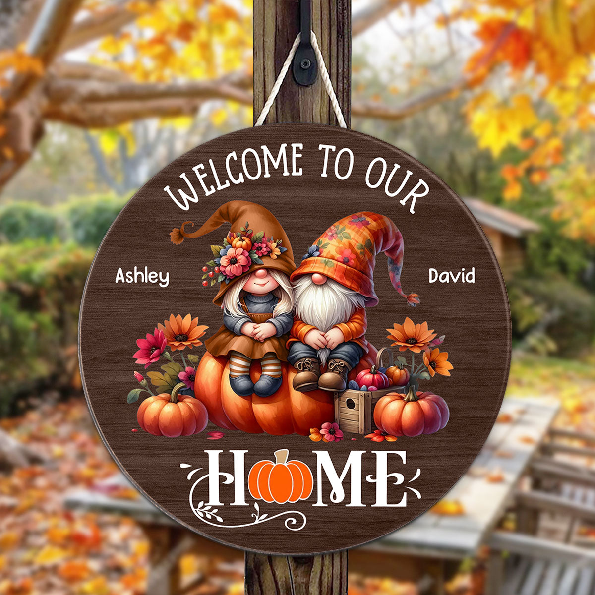 Fall Season Gnome Couple Welcome To Our Home Personalized Wood Sign