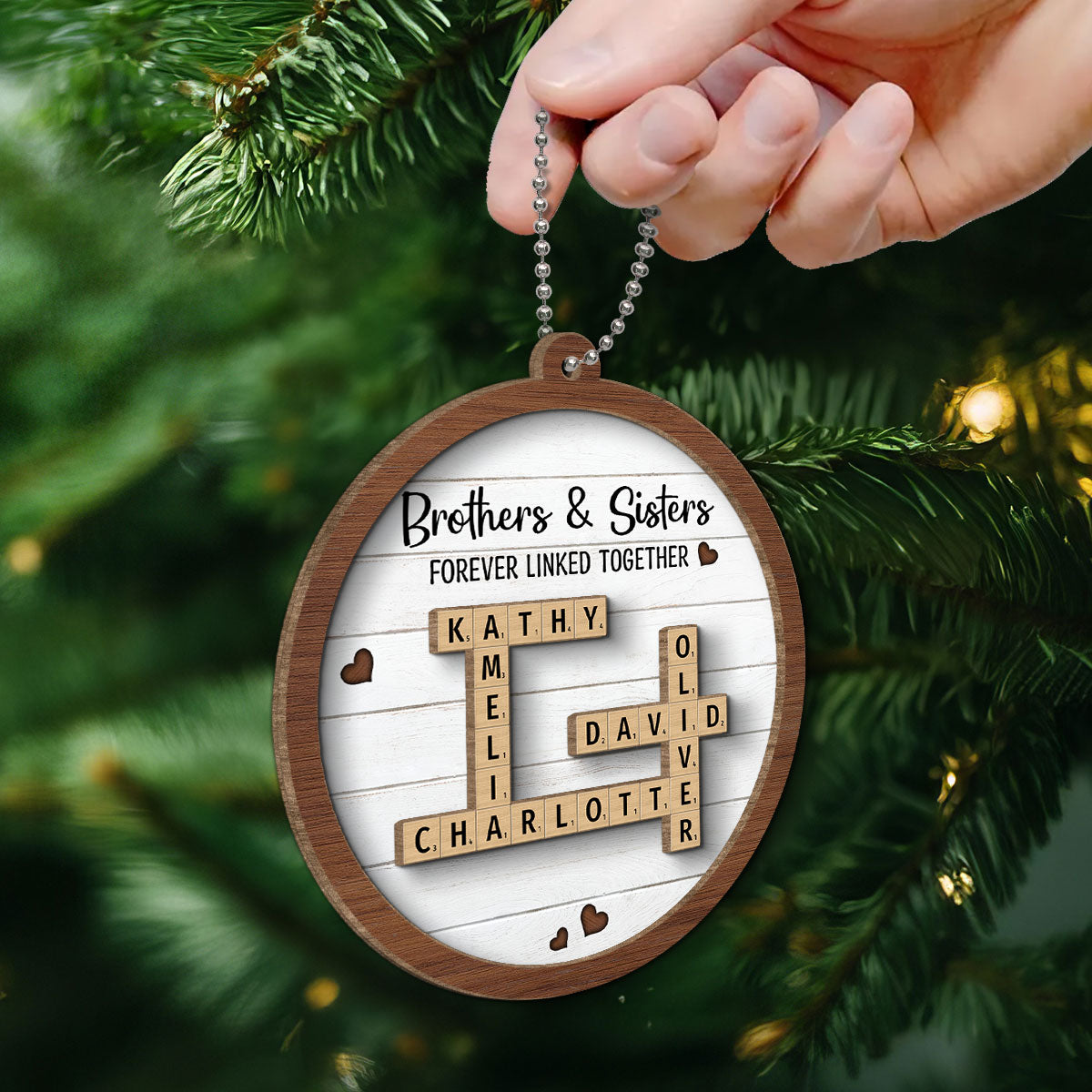 Brothers & Sisters Forever Linked Together Crossword Puzzle Art Personalized 2-Layer Wooden Ornament, Gift For Brothers, Sisters, Siblings, Family