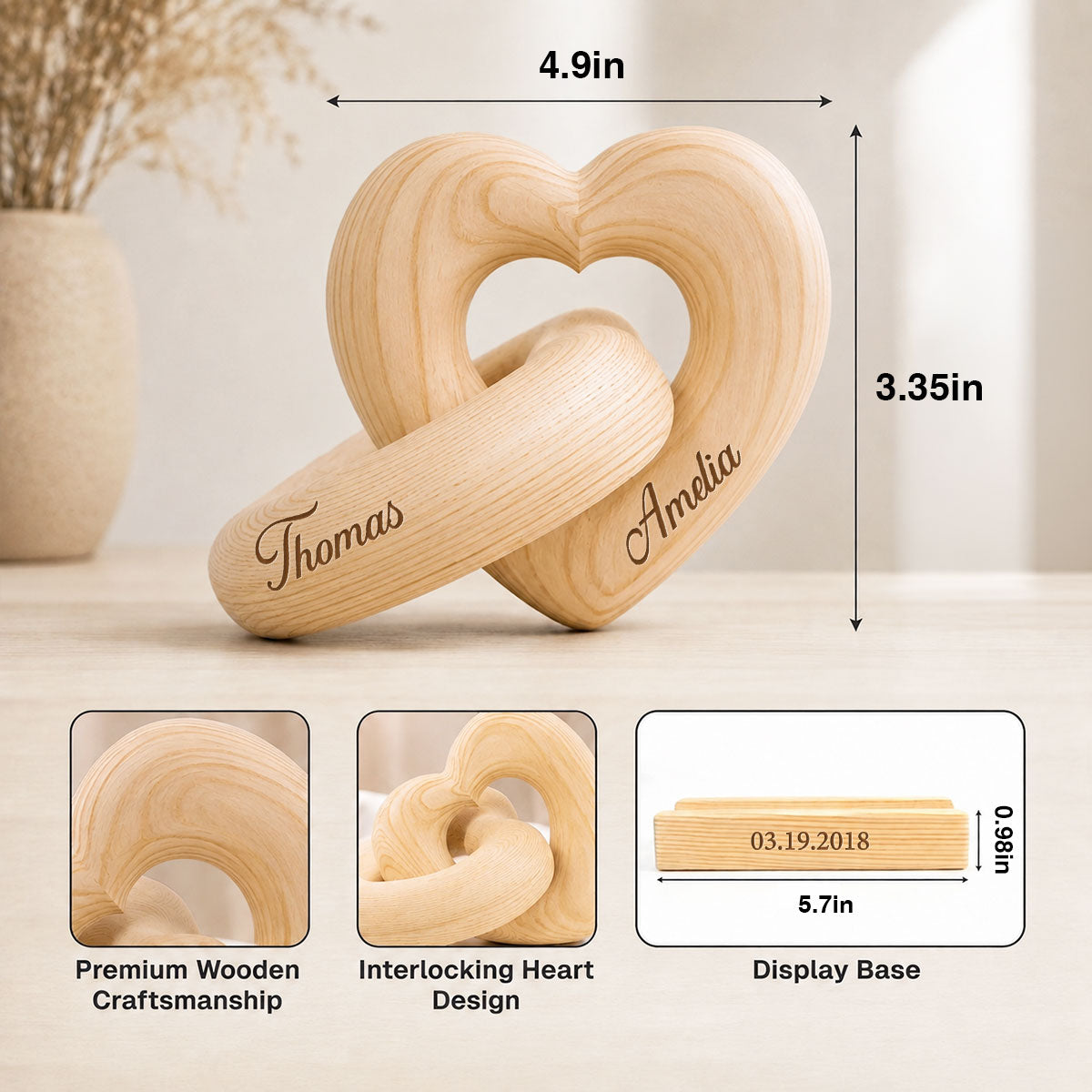 Personalized Wooden Heart Sculpture, Custom Couple Names Gift, Romantic Anniversary Gift, Heartfelt Gift for Her, Gift for Him