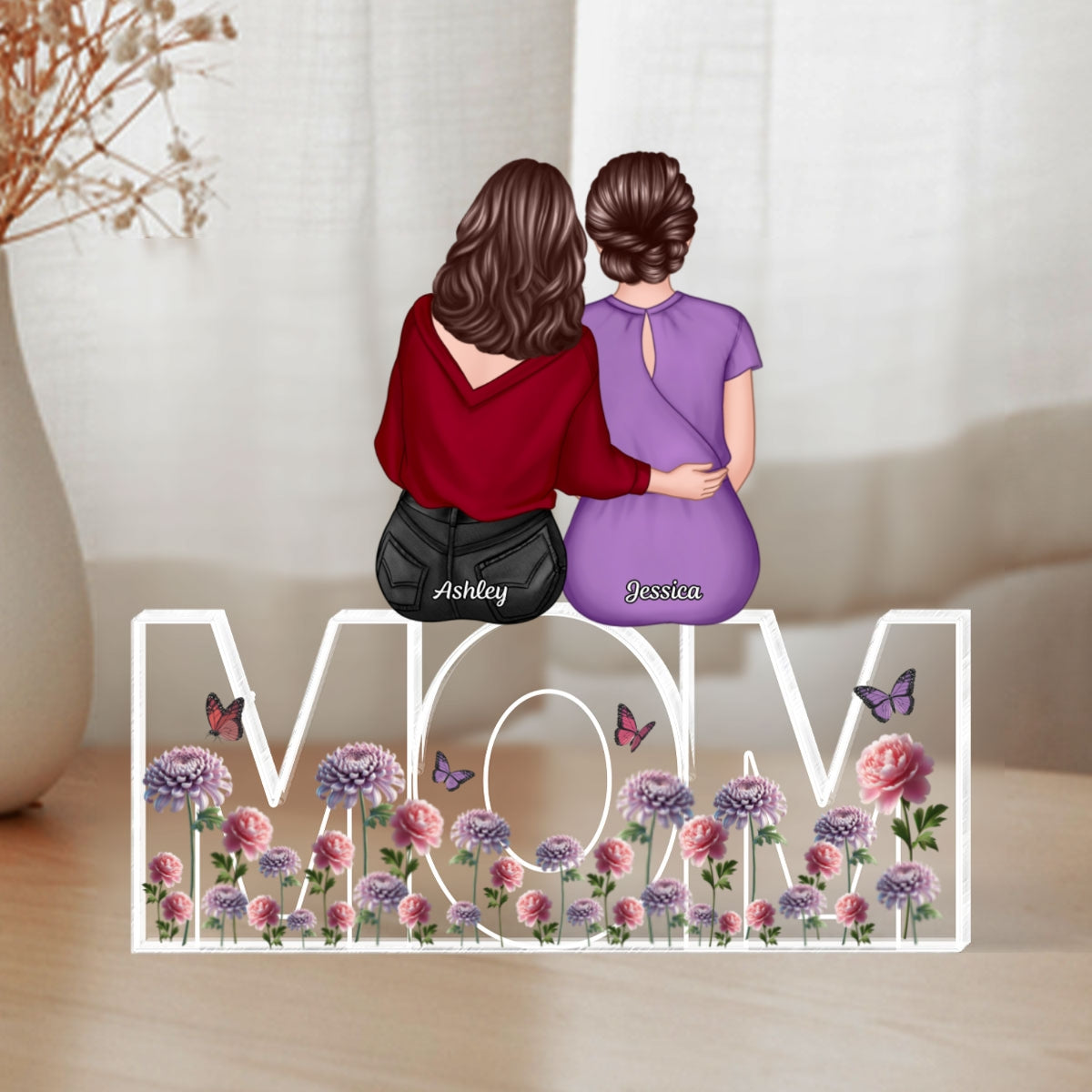 Birth Flowers Mom And Daughters Sons Sitting On Text Personalized Acrylic Block Plaque, Gift