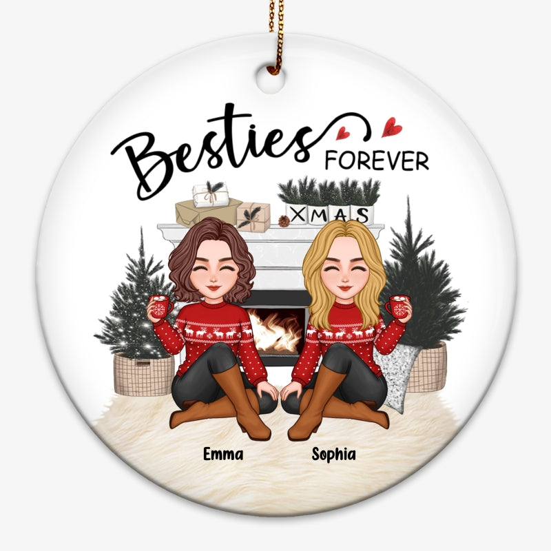 Cute Besties Sitting White Christmas Fireplace Personalized Circle Ornament