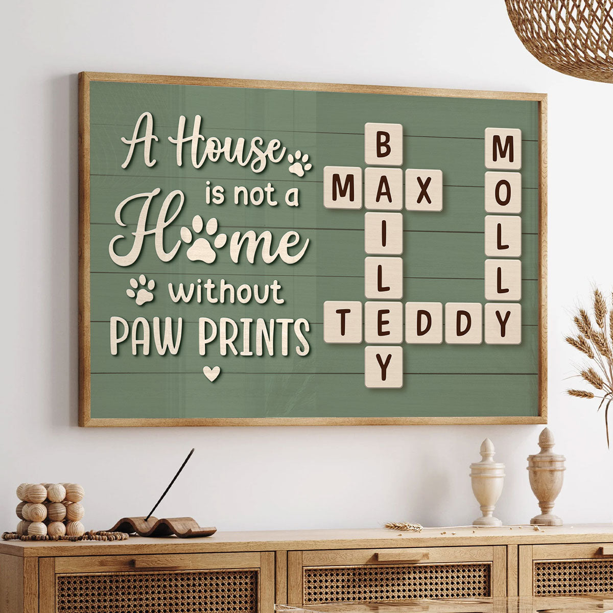 Home With Paw Prints Green Themed Crossword Puzzle Art Personalized Poster, Home Decor Gift For Pet Lover