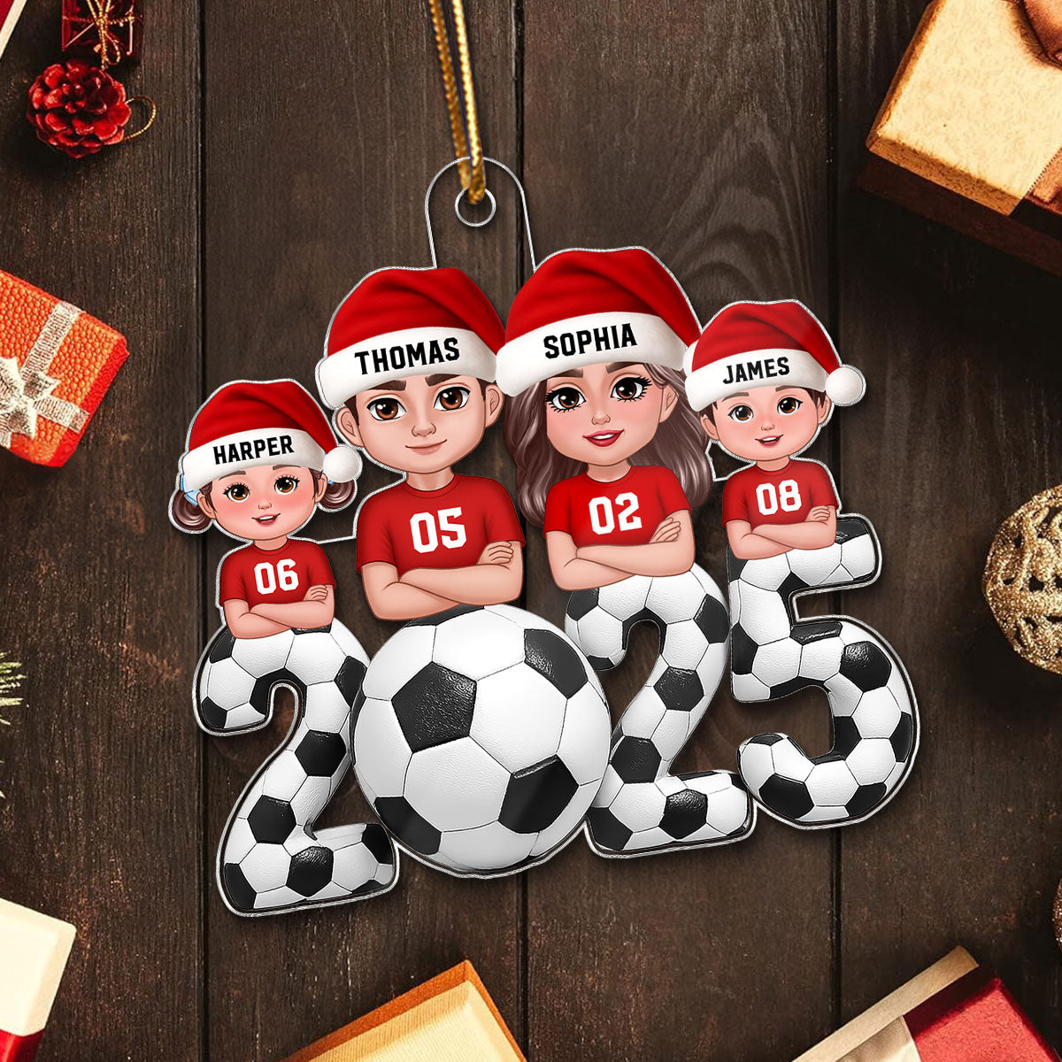 3D Effect Christmas Soccer Family - Personalized Acrylic Ornament