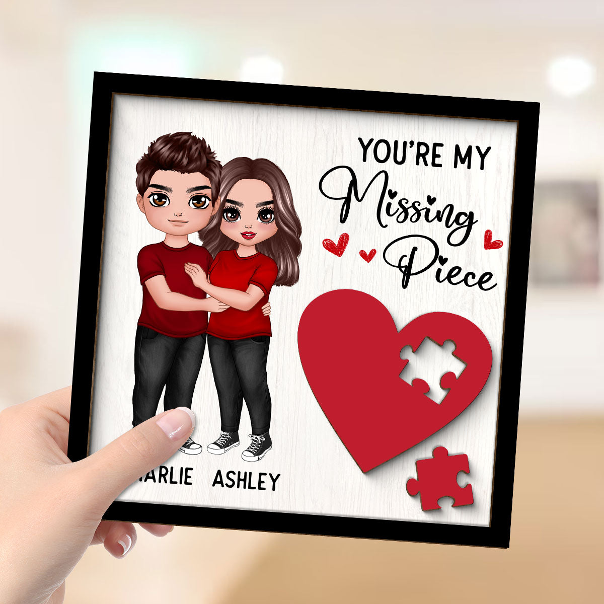 Standing Hugging Couple Missing Piece Red Heart Valentine‘s Day Gift For Her Gift For Him Personalized 2-Layer Wooden Plaque