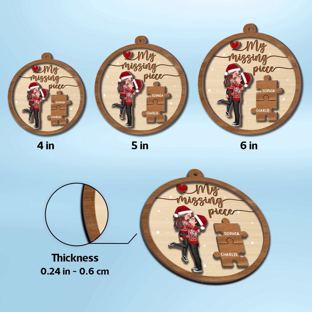 My Missing Piece Couple Hugging Kissing Christmas Personalized 2-Layer Wooden Ornament