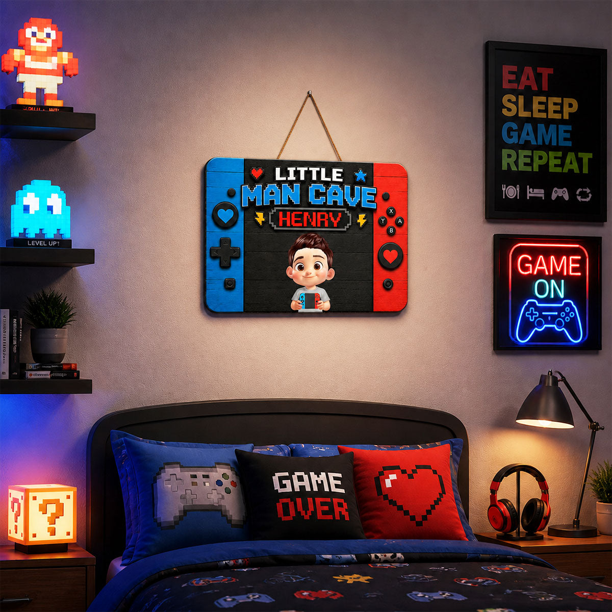 Little Man Cave Gamer - Personalized Wood Sign - Gift For Boys, Gamers, Door Hanger For Gamers, Gaming Room, Playroom Decor For Boys