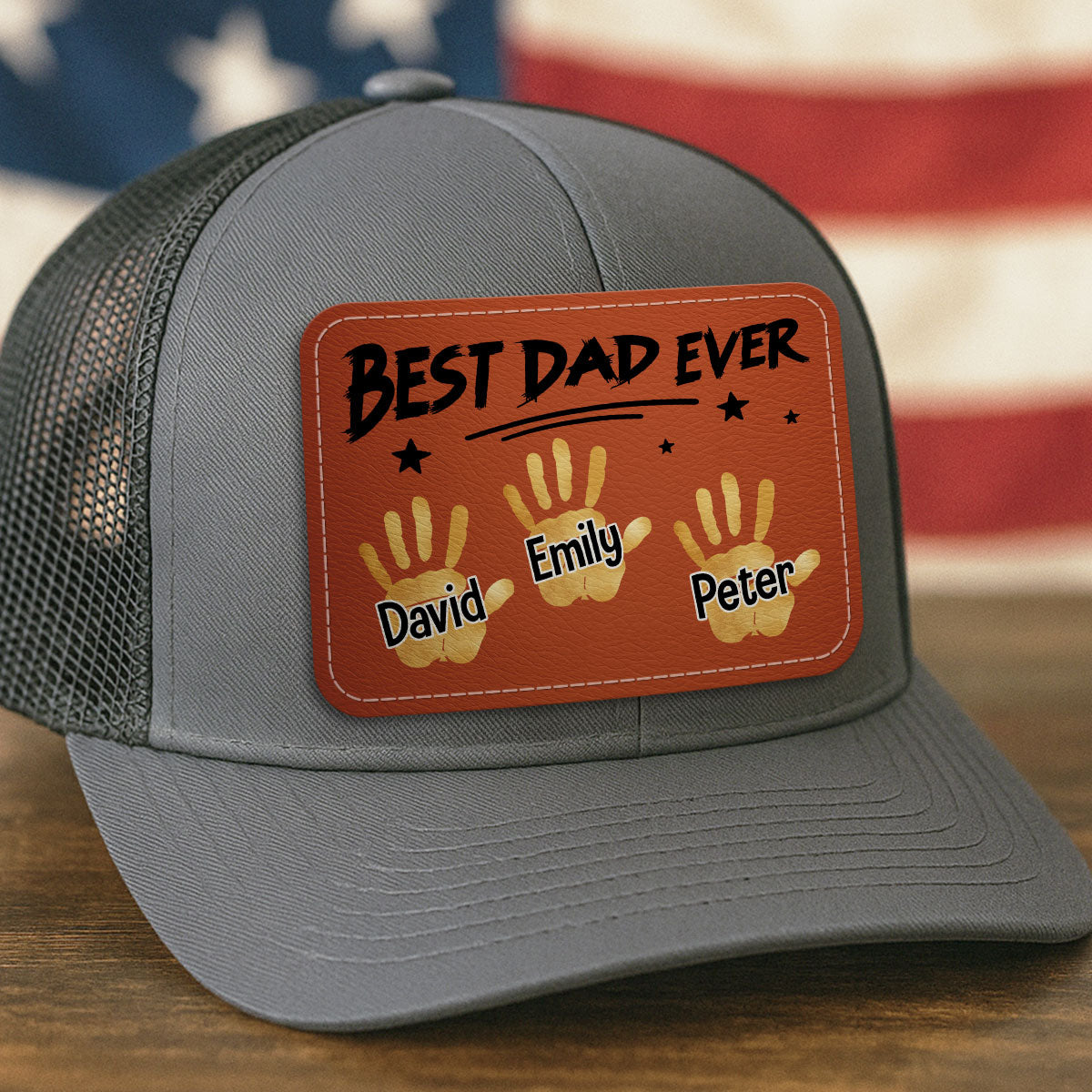 Best Dad Ever Handprints Personalized Leather Patch Hat