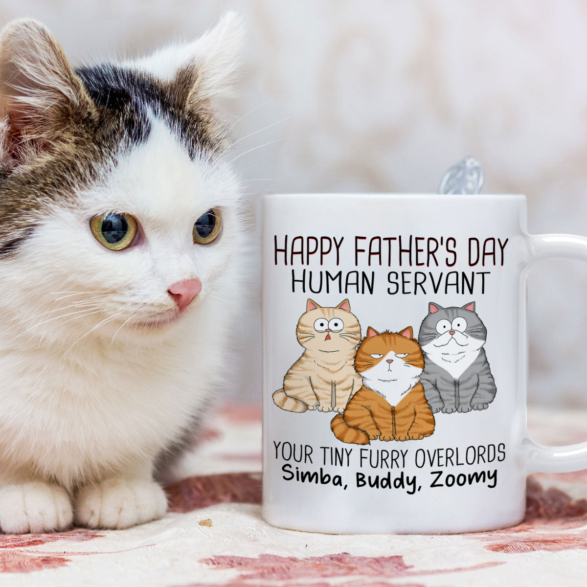 Happy Father's Day Human Servant From Your Tiny Furry Overlord, Personalized Mug, Gift For Cat Dad