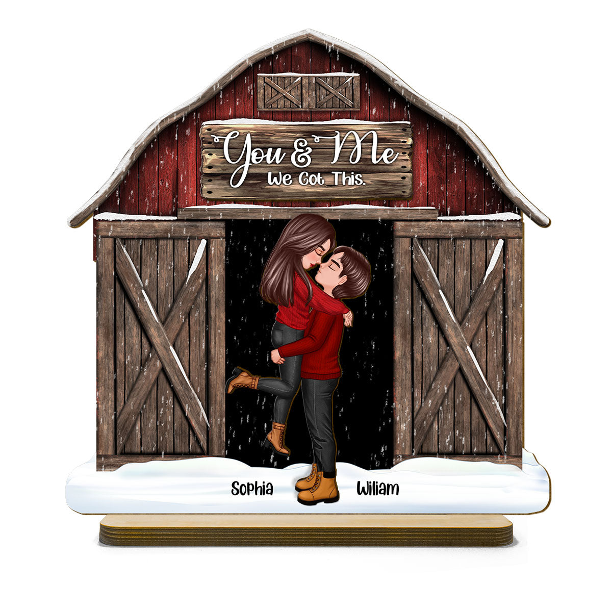 Red Barn Christmas Couple Kissing Personalized 2-Layer Standing Wooden Plaque, Christmas Tiered Tray Decor