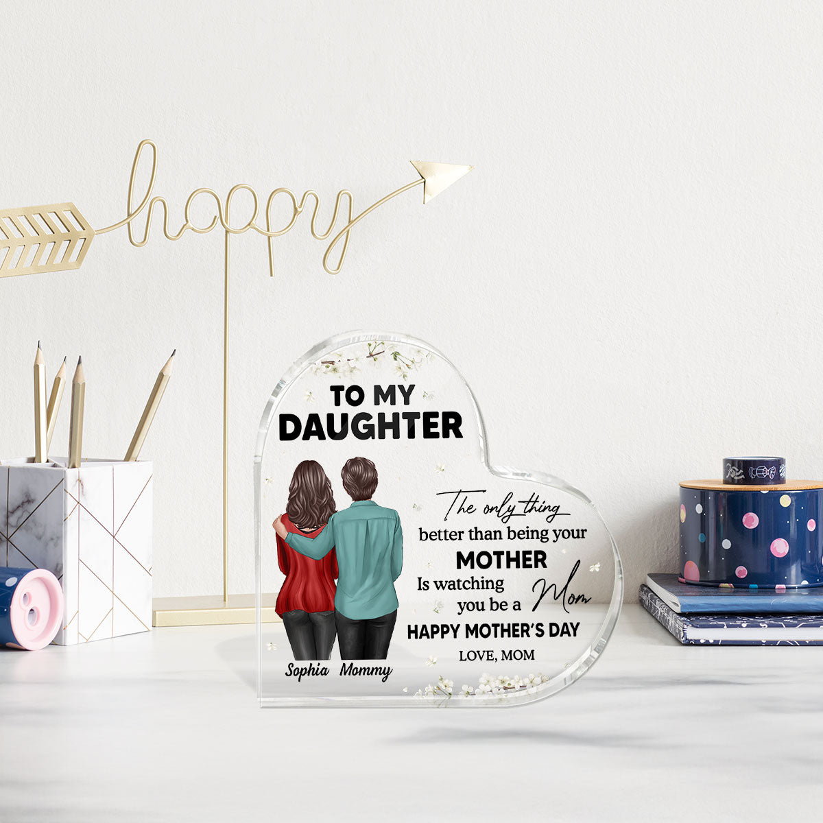To My Daughter From Mom Happy Mother's Day Floral Personalized Heart Acrylic Block Plaque, Gift For Daughter