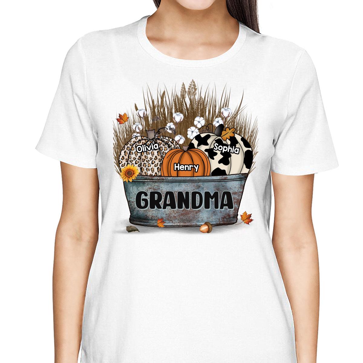 Grandma Mom Pumpkins In Bucket Fall Season Personalized Shirt